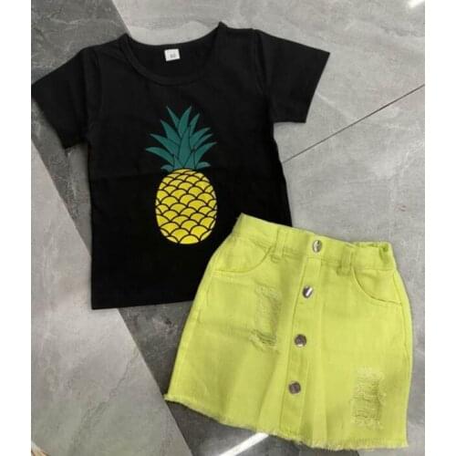 Summer Toddler Kid Girls Clothes Set Pineapple Print Short Sleeve O-neck T-shirt + Solid Color Ripped Skirt 18 Months-6 Years