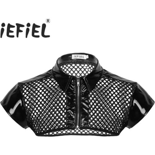 IEFiEL Fashion Sexy Male Mens See Through Fishnet Cap Sleeve Splice Shoulder Chest Harness Shirt Muscle Clubwear Half Tank Top