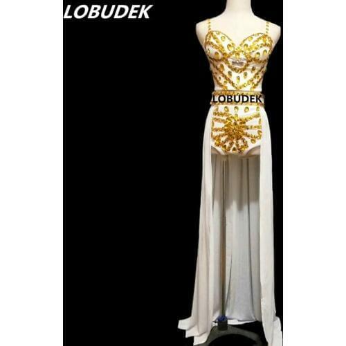 Fashion Sexy Women Nightclub Costume Gold Rhinestones Bikini 3 Piece Set Lady Singer Bar DJ Stage Clothes Dancer Show Dance Wear