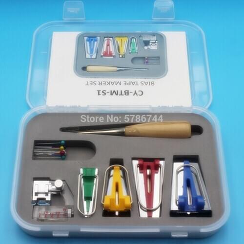 Bias tape maker set CY-BTM-S1 BOX of BINDER BINDING SNAP ON FOOT BIAS TAPE MAKER AWL PIN SET for SEWING QUILT