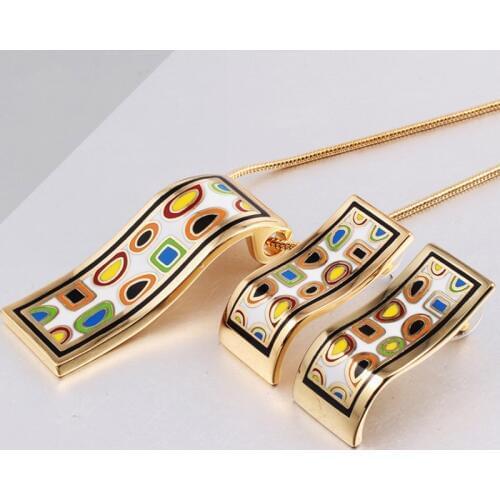 Zlxgirl Couple jewelry Geometry Enamel Stainless steel pendant & earring jewelry sets Europe Brand gold chain necklace ear sets