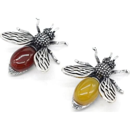Natural Stone Lapis Lazuli Brooches Insect Pins Badge Alloy Rose Quartzs Pendant Charms DIY Jewelry Clothing Accessories Gift