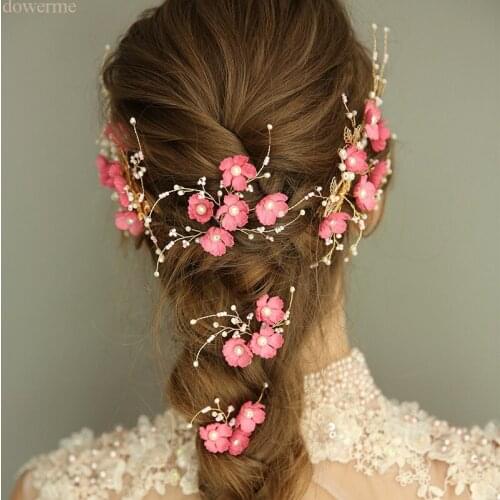 Charming Pink Floral Women Headpiece Bridal Hair Pins Clip Pearls Wedding Hair Jewelry Accessories
