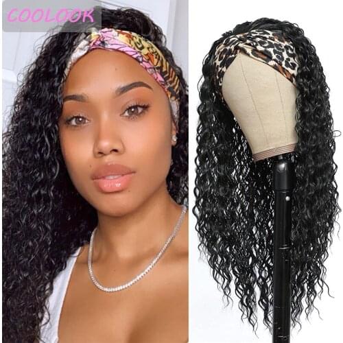 26inch Natural Water Wave Headband Wigs for Afro Women Ocean Wave Wigs with Scarf Heat Resistant Synthetic Fake Hair Cosplay Wig