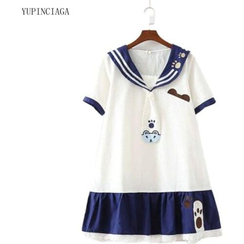 Japanese Mori Girl Style Dress Women Bear Paw Embroidery Tie Sailor Collar 2021 Summer Color Matching Short Sleeve Dress Female