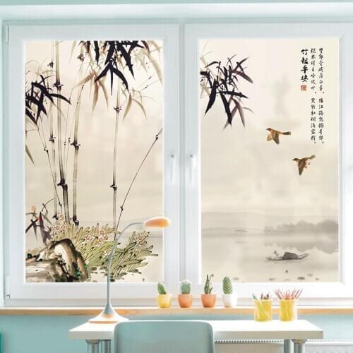Custom removable glass stickers wall stickers mural stickers bedroom balcony glass door stickers sliding door ink bamboo