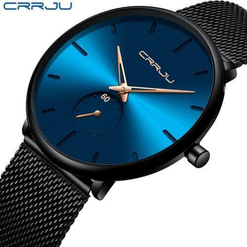 Relogio Masculino CRRJU Top Brand Luxury Fashion Watch for Men Black classic Hours Sports Watches Mesh Belt quartz Wrist Watch