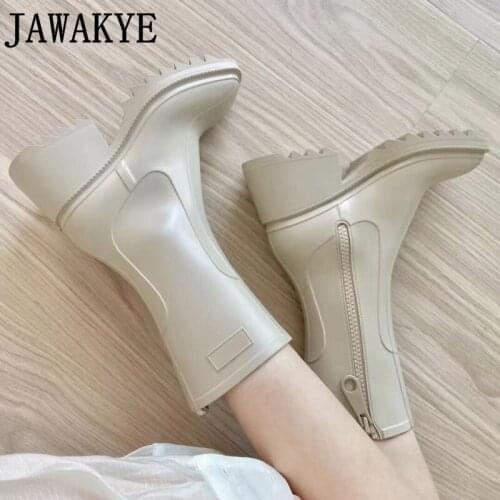 PVC Chunky Heel Rain boots for Women Thick Sole Ankle Boots Designer Brand Chelsea Boots Mid calf Rubber Shoes Boots Mujer
