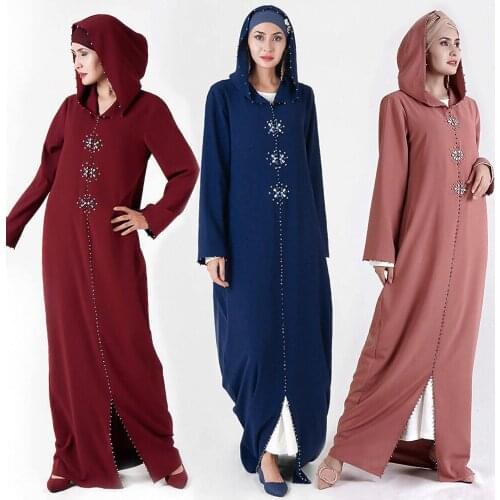 Solemn Abaya Turkey Solid Color Long Dress Beaded Morocco Hooded Hand Sewing Colorful Beads Hand-Sewn Rhinestone Women Niqab