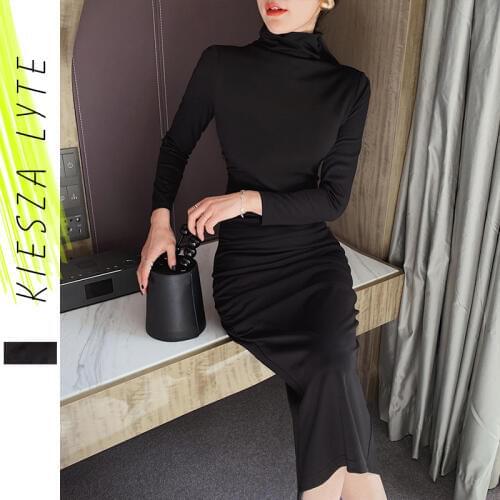 Spring Dress 2020 New Solid Black Ruched Turtleneck Midi Party Dress Fashion Slim Elegant Dresses Vestidos Female