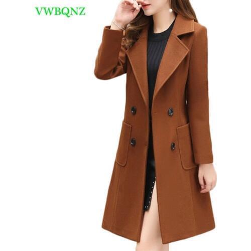 Spring Autumn New Korean Slim Long Woolen Coat Women Temperament Woolen Coats Womens Double-breasted Plus size Overcoats A428