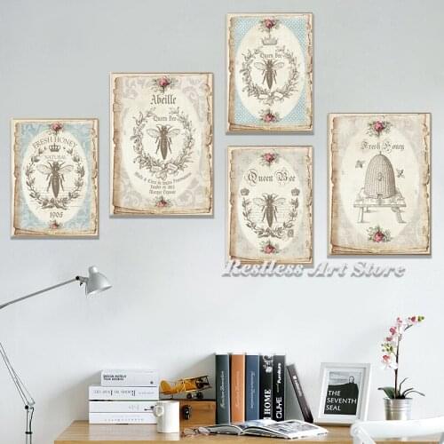 Bee Vintage Posters And Prints French Abeille Shabby Chic Wall Art Canvas Painting Retro Decoration Pictures Living Room Decor