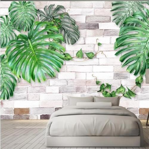 Wellyu Customized large murals fashion home decoration Nordic watercolor hand-painted green leaves brick wall background wall