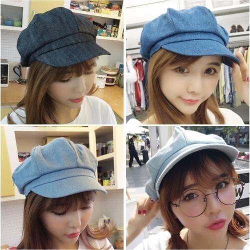 Women Lady Denim Newsboy Gatsby Cap Octagonal Casquette Baker Peaked Beret Hat HATCS0124