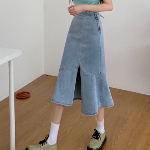 Elegant Split Denim Skirt for Women Summer High Waist Party Midi Sweet Skirt Female A-Line Beach Outing Bodycon Casual Skirt