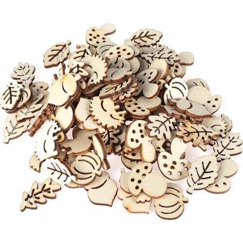 100Pcs Wooden Embellishments DIY Crafts Handmade Mixed Animals Plants Shaped Wood Cutouts Ornament Home Party Decorations