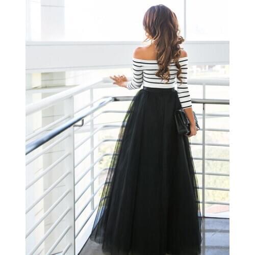 2018 New Fashion Sexy Princess Tutu Lace Prom Maxi Ball Gown White And Black Striped Slash Neck Long Sleeve Dress
