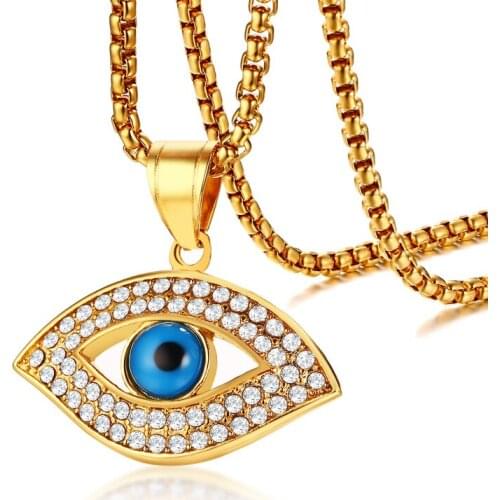 2021 Fashion Jewelry Stainless Steel Rhinestone Evil Eye Europe And America Gold Pendant Creative Necklace Suitable For Men