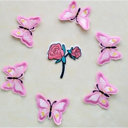 6pcs/lot Cute Pink Butterfly Applique Embroidered Sew on Fabric Sticker for Garment Textile Diy Craft Repair Home Decoration