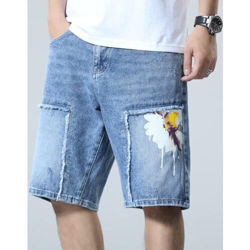Light Blue Young Pantalon Hombre Denim Shorts Knee Length Short Straight Pants Men Ripped Jeans Homme Summer Casual Shorts Men