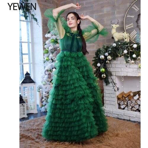 Tiered Ruffles Elegant Evening Dress Long Sleeves Maternity Gowns for Baby Shower Photography Dresses YEWEN