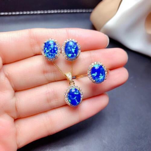 Blue opal Natural Opal jewelry set Natural Real Blue Opal 925 sterling silver 1pc pendant,1pc ring,2pcs Earring