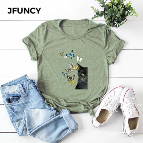 JFUNCY Plus Size 2020 Cat Print T Shirt Women Oversize Summer T-shirts Female Cotton Short Sleeve Tees Top Woman Casual Tshirt