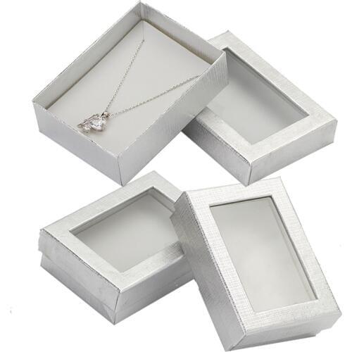 Cardboard Jewelry Set Gift Boxes 7x9cm Silver Paper Packaging Display for Necklace Earrings Ring with Transparent Cover 24pcs