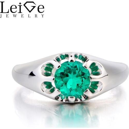 Leige Jewelry Lab Emerald Ring Promise Ring Solitaire Ring Round Cut Green Gemstone 925 Sterling Silver Ring Flower Shape