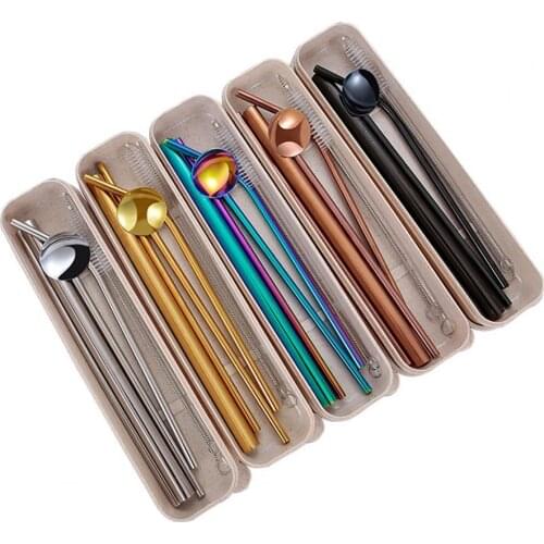 7Pcs/Set Reusable Eco-friendly Portable Stainless Steel Safe Durable Straws Spoon Drinking Flatware with Cleaning Brush