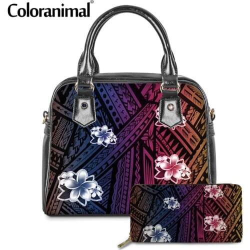 Coloranimal Fashion Polynesian Plumeria Tribal Design Tote Handbag for Lady PU Waterproof Crossbody Bag Women Messenger Bag 2Pcs
