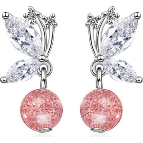 KOFSAC Fashion 925 Sterling Silver Earrings For Wome Shiny Crystal Pink Cute Butterfly Stud Earring Jewelry Girl Birthday Gifts