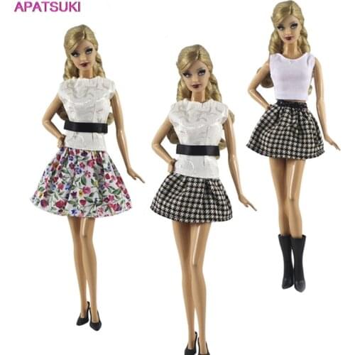 Fashion Doll Clothes Set For Barbie Doll Outfits White Shirt Tank Top Floral Plaided Skirt For 1/6 BJD Dolls Accessories Toys