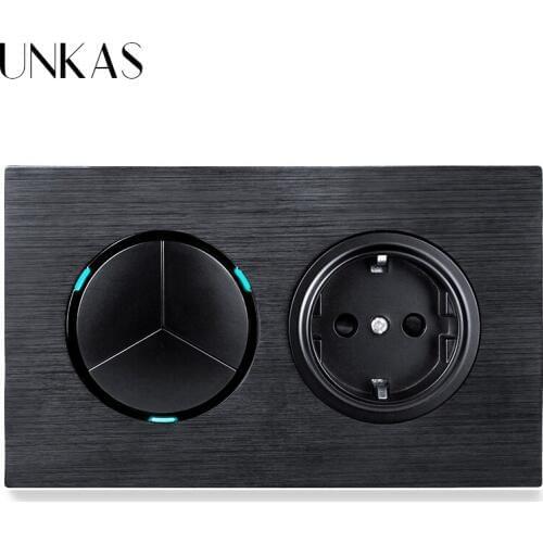 UNKAS 3 Gang 1 Way / 2 Way + EU Standard Wall Power Socket On / Off Light Switch LED Indicator Black Aluminum Panel 16A
