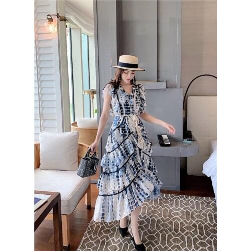 WTIANYUW New 2021 Beach Boho Printed Summer Dress Women Single Breasted Lace Up V-Neck Ruffles Flare Sleeve Party Dress