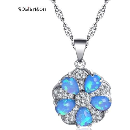 ROLILASON Rhombus Flower style Blue Fire Opal 925 Silver Stamped Necklace Pendant for women fashion jewelry OP770