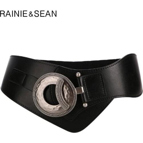 RAINIE SEAN Black Cummerbunds For Women Real Leather Wide Belts Waist Female Brand Genuine Cow Leather Ladies Elastic Belt Dress