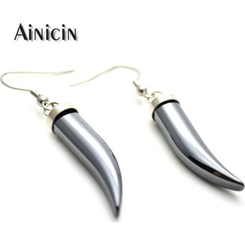 5paris/10pcs Stainless Steel Hook Black Hematite Horn Shape Dangle Earrings For Women Jewelry
