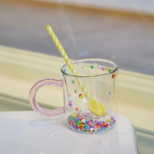 Ins Double Wall Love Bobo Glass Cup Milk Cup Heart Quicksand Glass Creative Girl Water Cup Heat Resistant Canecas Drinkware