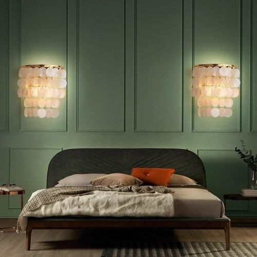 Natural Shell LED Bedside Light E27 Gold Metal Bedroom Living Room Decor Wall Light Fixtures For Hotel Restaurant Bar Cafe