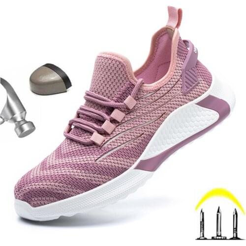 Womens Safety Shoes Woman Boots With Steel Toe Breathable Anti-Smashing Pink Sneakers Lightweight Protective Women Sport Shoes