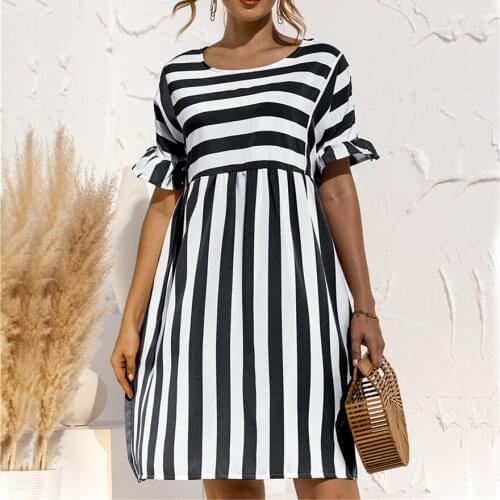 Women Elegant Ruffle Sleeve Striped Patchwork A Line Dress 2021 Summer Casual High Waist O Neck Loose Dresses Beach Wear