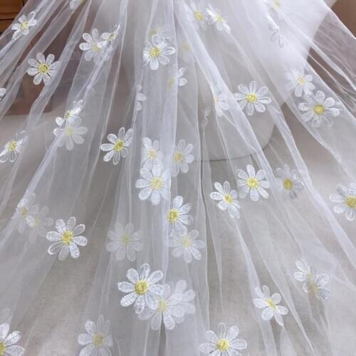 White, Pink, Blue, Black Soft Adorable Daisy Flower Embroidered Tulle Fabric For Flower Girl Dress, Costume Design, By The Yard