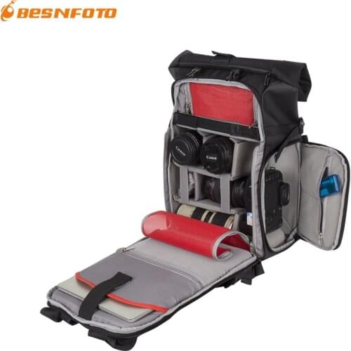 Besnfoto BN-2020-Pro DSLR Backpack Rolltop Laptop Compartment Quick Side Access Waterproof Camera Bag For Hiking Traveling