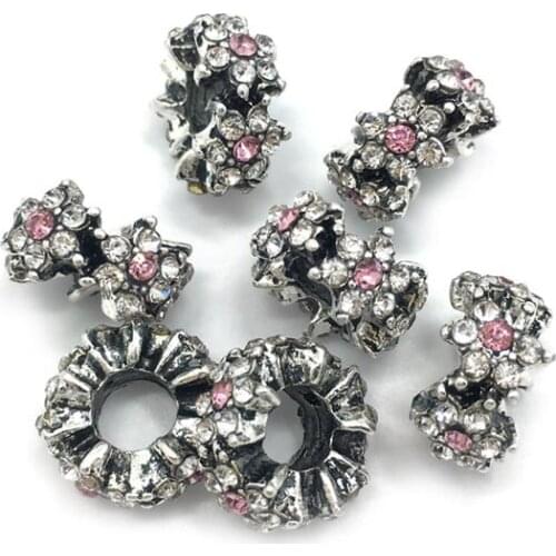 Free shipping 20pcs 13mm round pink and white rhinestone big hole alloy beads fit European bracelet DIY