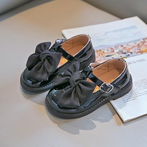 Black Leather Shoes for Girls Children Casual Sneakers Kids Flats T-strap with Big Ribbon Bow-knot Princess Oxfords Soft 23-33