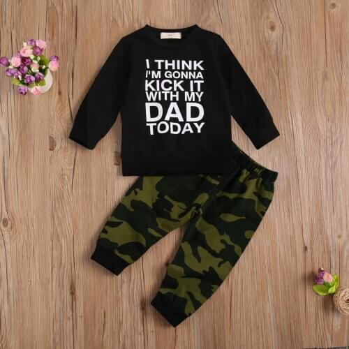 Childrens Two Piece Suit Toddlers Crew Neck Long Sleeve Sweatshirts Lettered Printed Top Kids Camouflage Elastic Trousers