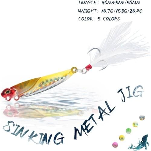 KoKossi 1Pcs 10.7G/15.8G/20.4G Fishing Lures VIB Metal Jig Hard Bait Spinner Spoon 3D Eyes Sinking Feather Hook Fishing Tackel