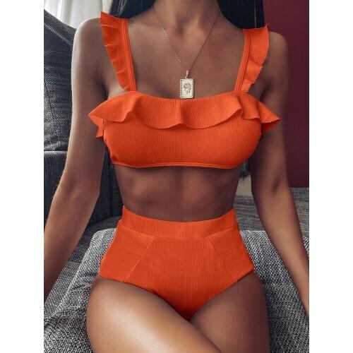 Normal Size S~L Swimsuits Ruffle Orange Two Piece Bikinis Women New Arrival Sexy Swimwear Summer Vintage Brazilian Bathing Suits