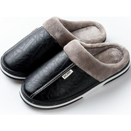 Men And Women Winter Leather Cotton Slippers Non slip Indoor Shoes Waterproof Warm Home Fur Lady Slippers Big size Shoes